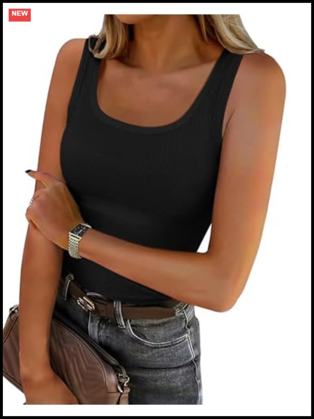 Sleeveless Scoop Neck Fitted Tank Top Ribbed Knit Cami